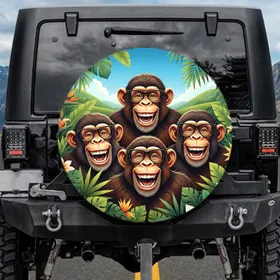 Smiling Chimpanzees Black Glasses Tropical Jungle - Wildlife Lover Gift Spare Tire Cover