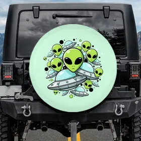 Green Alien Heads Silver Flying Saucers - Sci-Fi Decor Gift for Space Lover Spare Tire Cover