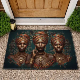 Three African Women Portraits Headwraps Gold Beaded Jewelry - Cultural Home Decor Gift Doormat