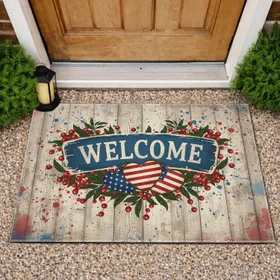 WELCOME Banner American Flag Hearts Red Berries Aged Wood - Independence Day Home Decor Doormat