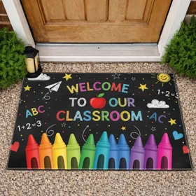 Chalkboard Welcome Classroom Apple Crayons - Teacher Appreciation Gift Doormat