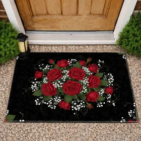Deep Crimson Red Roses Baby's Breath Bouquet Dark Background - Home Decor Gift Doormat
