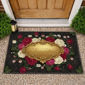 Antique Gold Welcome Plaque Rococo Roses Daisies - Home Decor Gift Doormat