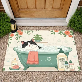 Black White Tuxedo Cat Bathtub Bubbles - Home Decor Gift for Cat Lover Doormat