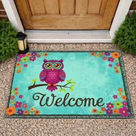 Large Eyed Owl Welcome Sign Branch Leaves Floral Border - Housewarming Gift for Owl Lover Doormat