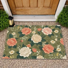 Antique Roses Peonies Botanical Sprigs Teal Leaves Home Decor Gift Doormat