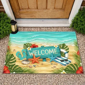 WELCOME Sign Beach Tropical Starfish Palm Flowers Lifebuoy - Coastal Home Decor Gift Doormat