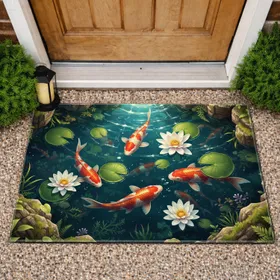 Colorful Koi Fish Water Lily Pond Garden Scene - Home Decor Gift for Garden Lover Doormat