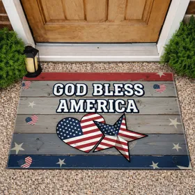 God Bless America Flag Heart Star - Independence Day Gift for Veterans Doormat