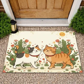 Calico Tabby Cats Red Collars Sunny Garden - Cat Lover Home Decor Gift Doormat