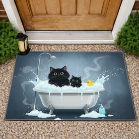 Distressed Fluffy Black Cats Vintage Bathtub Bubbles - Home Decor Gift Doormat