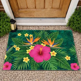 Fuchsia Hibiscus Orange Birds of Paradise Tropical Floral - Home Decor Gift for Garden Lover Doormat