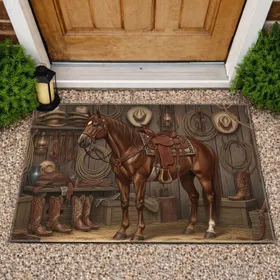 Saddled Brown Horse Western Tack Room Home Decor Gift for Horse Lover Doormat