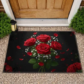 Red Roses Baby's Breath Floral Bouquet - Home Decor Gift for Floral Lover Doormat