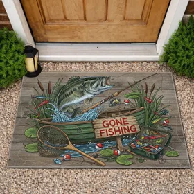 Bass Fish GONE FISHING Wooden Boat Tackle Box - Fishing Lover Home Decor Gift for Dad Doormat
