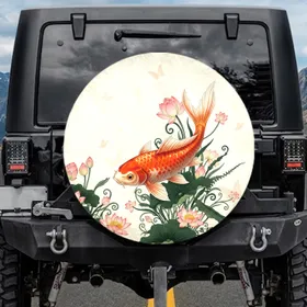 Majestic Koi Fish Lotus Flowers Aquatic Scene - Serene Home Decor Gift for Zen Enthusiasts Spare Tire Cover