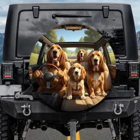 Four Bloodhound Dogs Driving Country Road Trip - Vehicle Accessory for Dog Lovers Spare Tire Cover