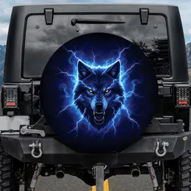 Snarling Alpha Wolf Head Glowing Eyes Electric Lightning Mist - Wildlife Lover Gift Spare Tire Cover