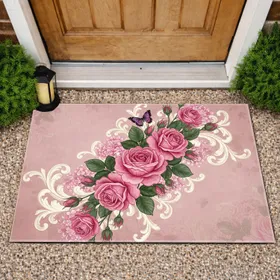 Pink Roses Hydrangea Butterfly Baroque Floral - Home Decor Gift Doormat