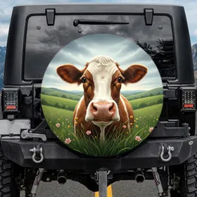 Friendly Brown Cow Wildflower Meadow - Farmhouse Decor Gift for Cow Lover Spare Tire Cover