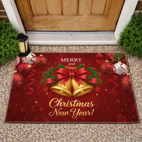 Golden Christmas Bells Red Bow Holly Festive Baubles - Christmas Holiday Decor Doormat