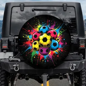 Multiple Soccer Balls Paint Splatters Grunge Textures Black Background - Sports Fan Gift Spare Tire Cover
