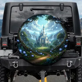 Fantasy Castle Ancient Forest Glowing Lotus Waterfalls Rugged Mountains - Fantasy Lover Gift Spare Tire Cover