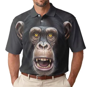 Chimpanzee Head Yellow Eyes Open Mouth Wrinkles Blue Nose Accents - Wildlife Lover Gift Men's Polo Shirt