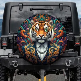 Regal Tiger Monocle Suit - Luxury Auto Accessory for Wildlife Lover Spare Tire Cover