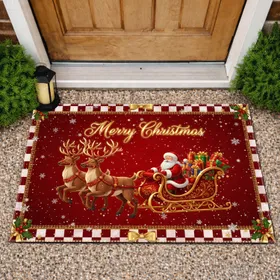 Santa Reindeer Sleigh Merry Christmas Snowflakes - Christmas Holiday Decor Doormat