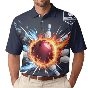 BOWLING Emblem Electric Flame Pin Strike Bowling Ball - Bowling League Sports Fan Gift Men's Polo Shirt