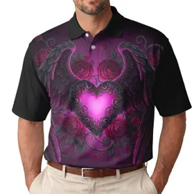 Luminous Magenta Gothic Winged Heart Armor Roses - Gift for Dark Fantasy Lovers Men's Polo Shirt