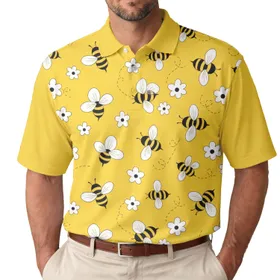 Cartoon Bees White Flowers Thin Curved Lines - Nature Lover Gift for Bee Keepers Men's Polo Shirt
