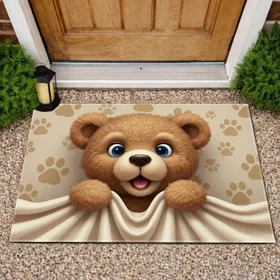 Brown Teddy Bear Blue Eyes Peek-a-Boo - Animal Lover Home Decor Gift Doormat
