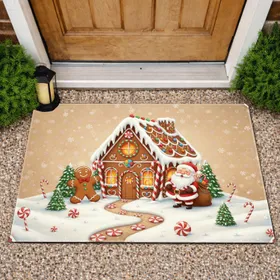 Gingerbread House Gingerbread Man Santa Claus Snow Candy - Christmas Holiday Decor Doormat