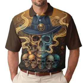 Smoking Skull Fedora Hat Glowing Cigar Skulls - Bold Lifestyle Statement Gift Men's Polo Shirt