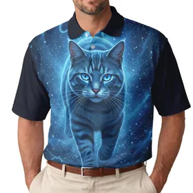 Majestic Glowing Striped Blue Cat Cosmic Realm - Fantasy Lover Gift Men's Polo Shirt
