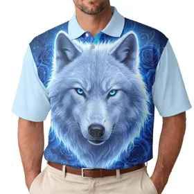 Hyperrealistic White Wolf Head Blue Roses Ethereal Aura - Mystical Creature Gift Men's Polo Shirt