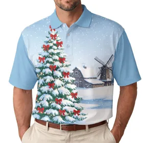 Decorated Christmas Tree Snowy Farm Barn Windmill - Christmas Holiday Gift Men's Polo Shirt