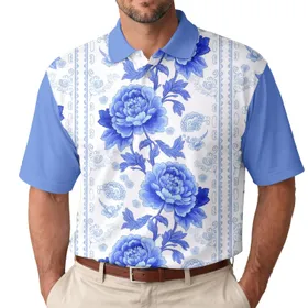 Chinoiserie Blue Peony Blossoms Leafy Vines Floral - Chinoiserie Lifestyle Gift for Art Lovers Men's Polo Shirt