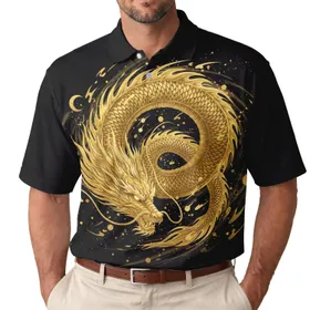 Asian Celestial Golden Dragon Moons Black Background - Mythology Lover Gift Men's Polo Shirt