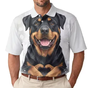 Realistic Happy Rottweiler Dog with Heart Paws Portrait - Rottweiler Lover Gift Men's Polo Shirt