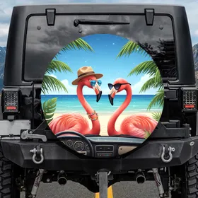 Pink Flamingos Tropical Beach Car Adventure - Road Trip Travel Essentials Spare Tire Cover