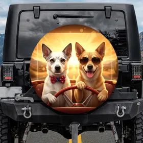 Dogs Bowtie Sunglasses Steering Wheel - Open Road Journey Gift for Dog Lover Spare Tire Cover