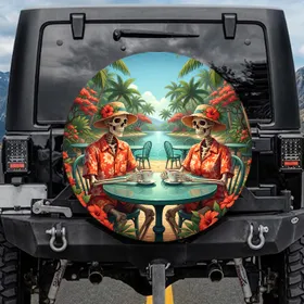 Skeletons Hawaiian Shirts Tropical Cafe Lagoon - Outdoor Travel Gift for Travelers Spare Tire Cover