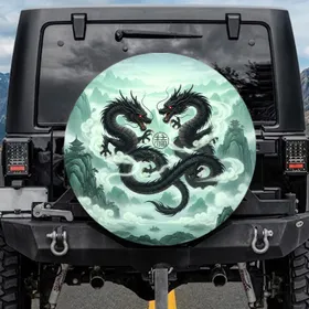 Black Eastern Dragons Misty Mountain Pagoda - Fantasy Lover Gift Spare Tire Cover