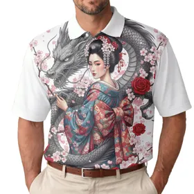 Graceful Japanese Woman Asian Dragon Cherry Blossom Roses - Everyday Wear for Japanese Culture Lover Men's Polo Shirt