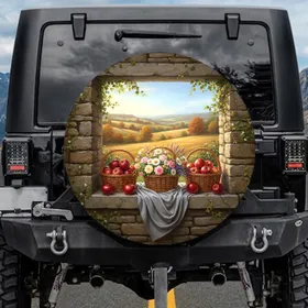 Rustic Stone Window Baskets Apples Flowers - Farmhouse Home Decor Gift Spare Tire Cover