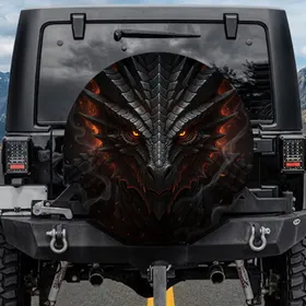 Fearsome Fiery Ridged Armored Dragon Face Glowing Molten Eyes - Adventure Seeker Gift Spare Tire Cover