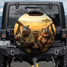 Hippos Driving Car Savanna Adventure - Wildlife Lover Gift Spare Tire Cover